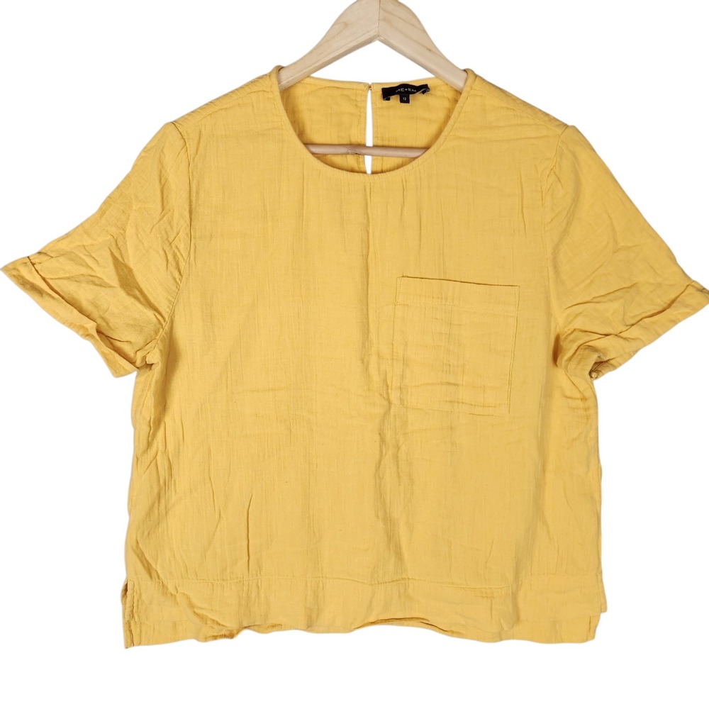 ME+EM Blouse Size 8 Yellow Textured Gauze Cotton Short Sleeve Pocket